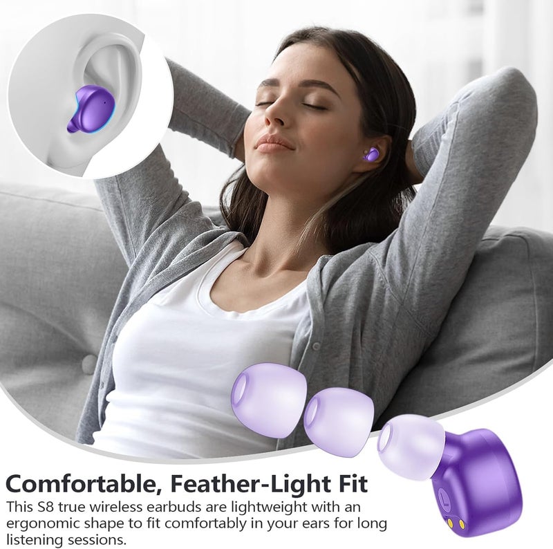 MOZOTER S8 Mini Wireless Earbuds Bluetooth 5.3 in Ear Light-Weight Headphones,60Hrs Playtime Ear Buds with Charging Case,Bluetooth Headsets,Premium Sound with Deep Bass for Sport-Purple - Image 4